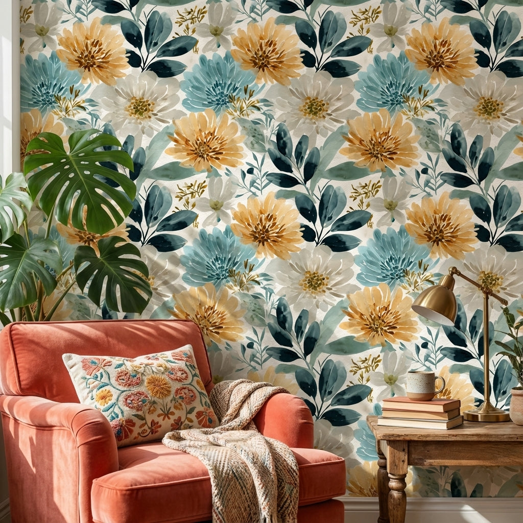 Soft Cream and Yellow Large Floral Wallpaper