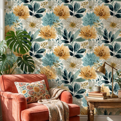 Soft Cream and Yellow Large Floral Wallpaper