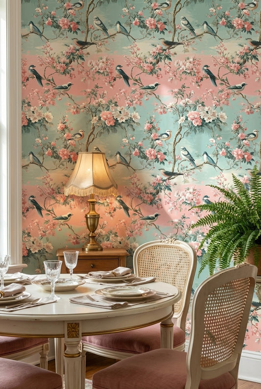 Pastel Blue and Pink Floral Bird Wallpaper