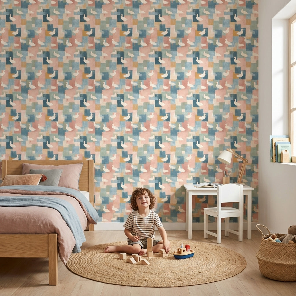 Beige and Blue Patchwork Bird Pattern Wallpaper