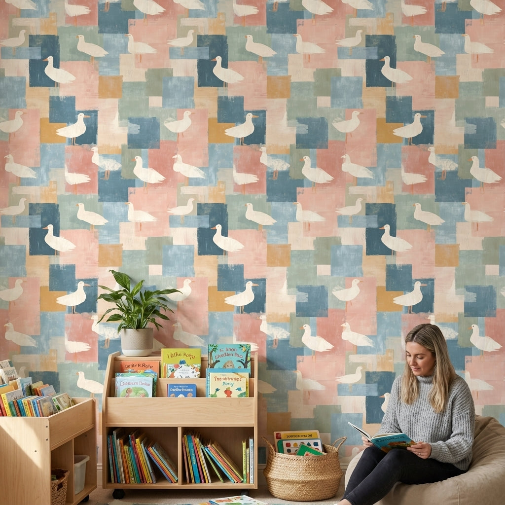 Beige and Blue Patchwork Bird Pattern Wallpaper