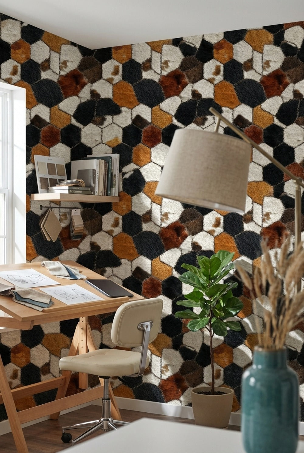 Multitone Hexagonal Textured Geometric Wallpaper