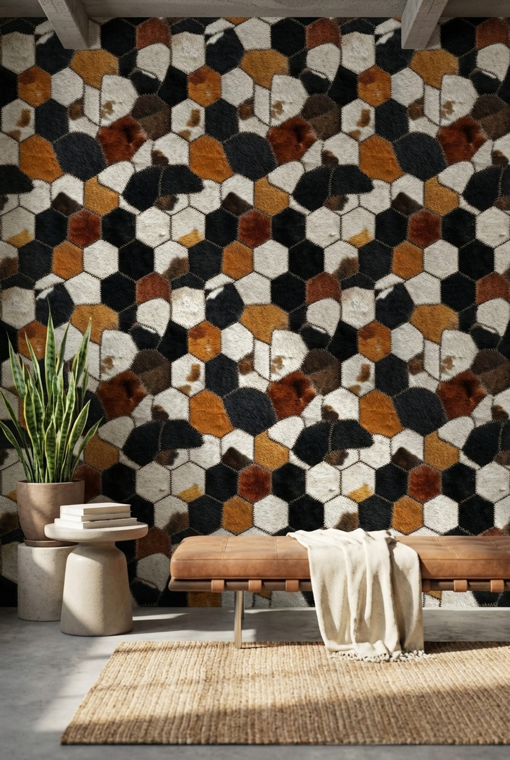 Multitone Hexagonal Textured Geometric Wallpaper