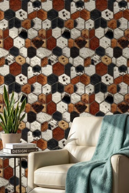 Textured Gray and Brown Hexagonal Geometric Wallpaper