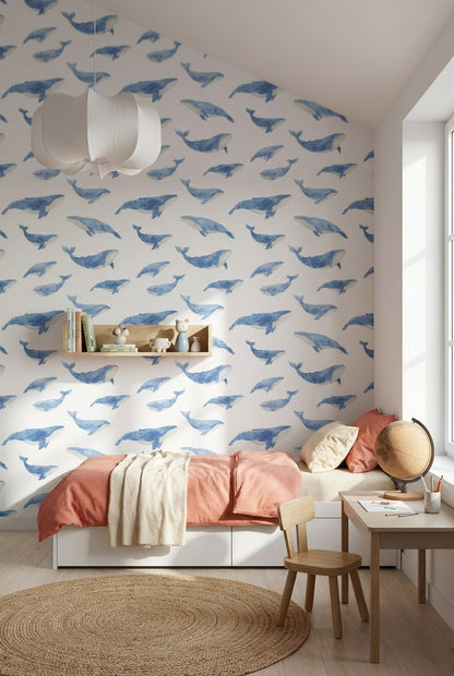 Blue Watercolor Whale Pattern Wallpaper