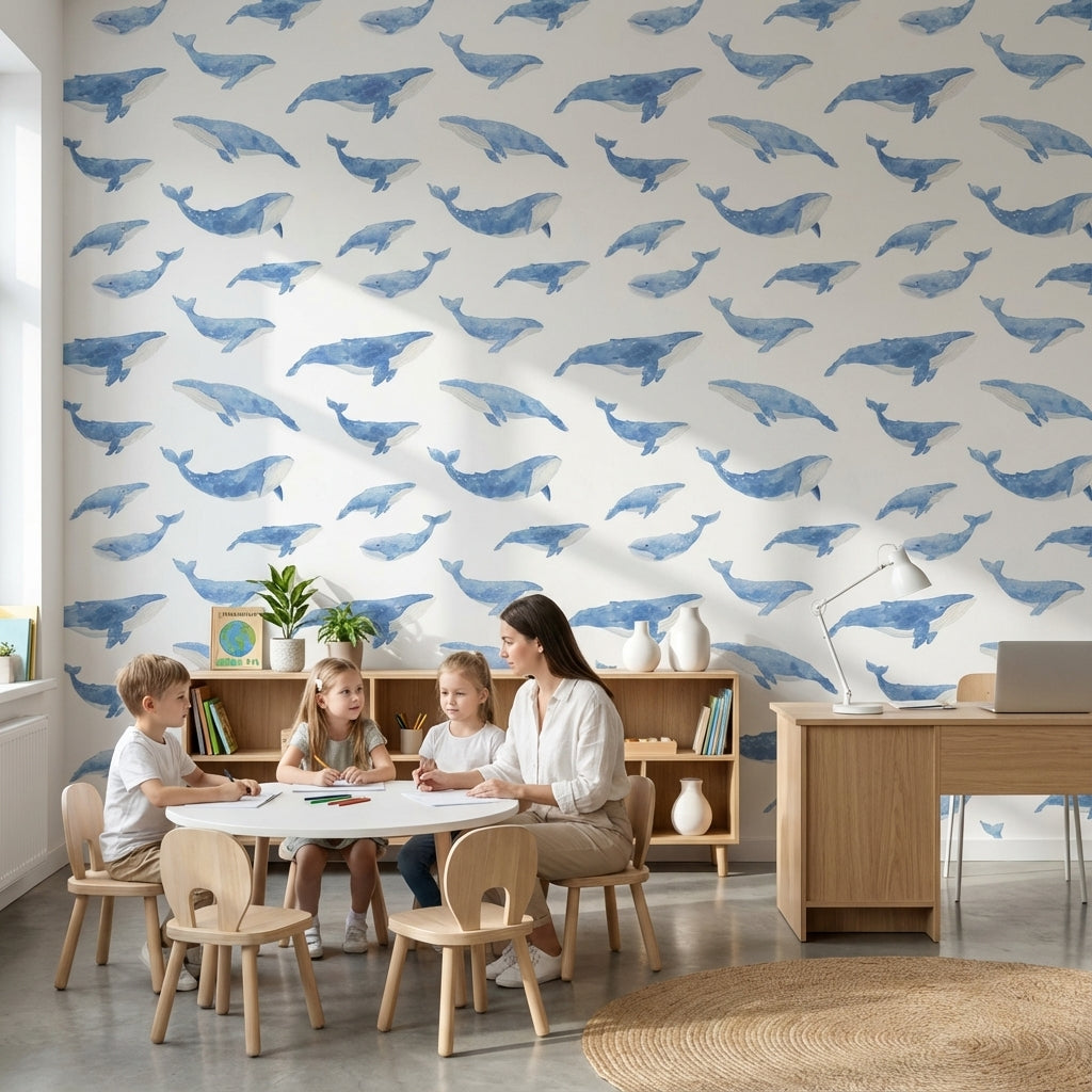 Blue Watercolor Whale Pattern Wallpaper