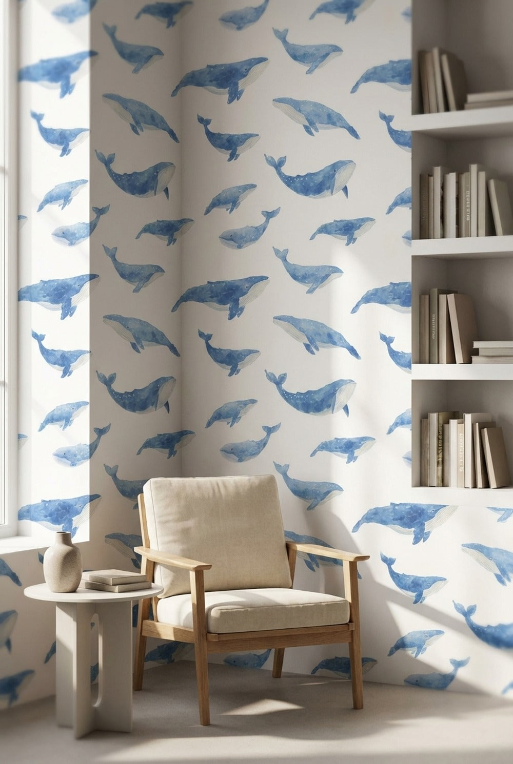 Blue Watercolor Whale Pattern Wallpaper