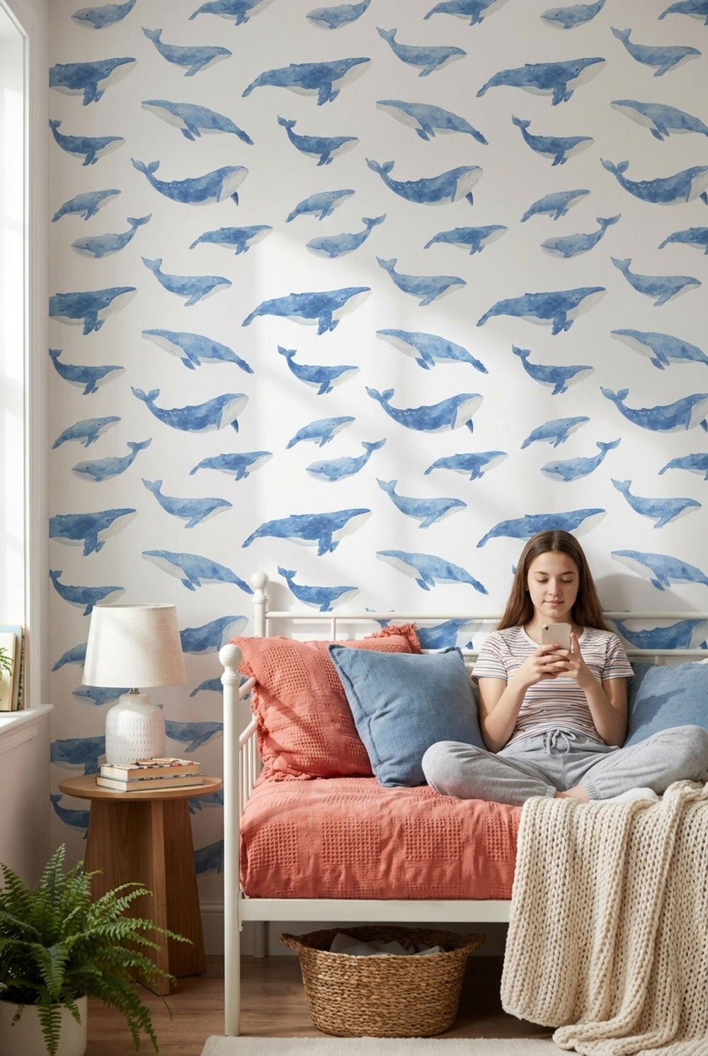 Blue Watercolor Whale Pattern Wallpaper