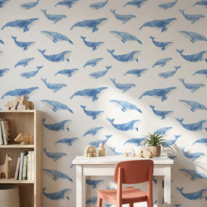 Blue Watercolor Whale Pattern Wallpaper