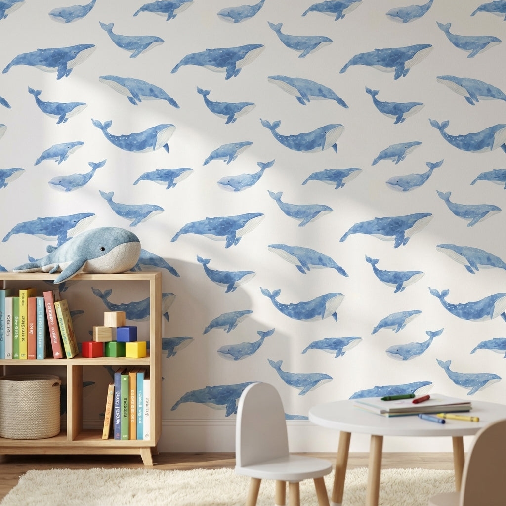 Blue Watercolor Whale Pattern Wallpaper