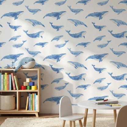 Blue Watercolor Whale Pattern Wallpaper