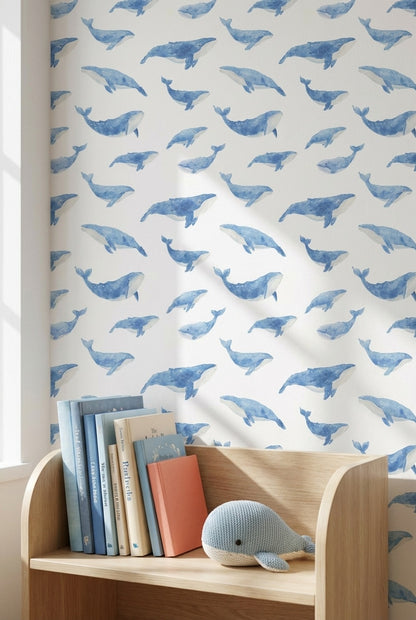 Blue Watercolor Whale Pattern Wallpaper