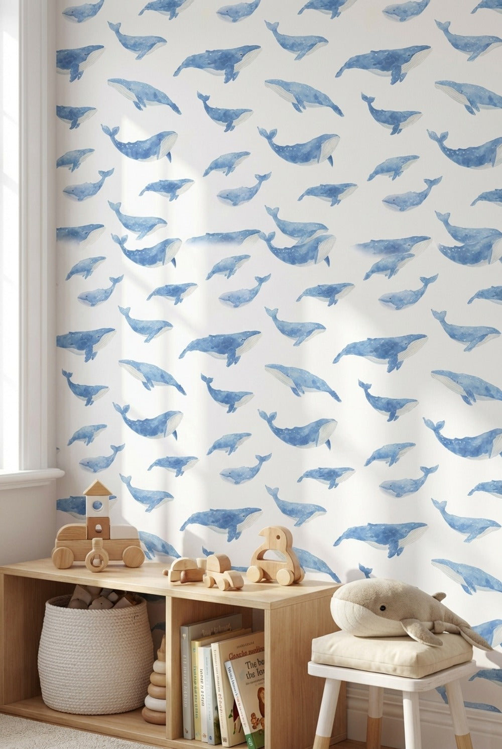 Blue Watercolor Whale Pattern Wallpaper