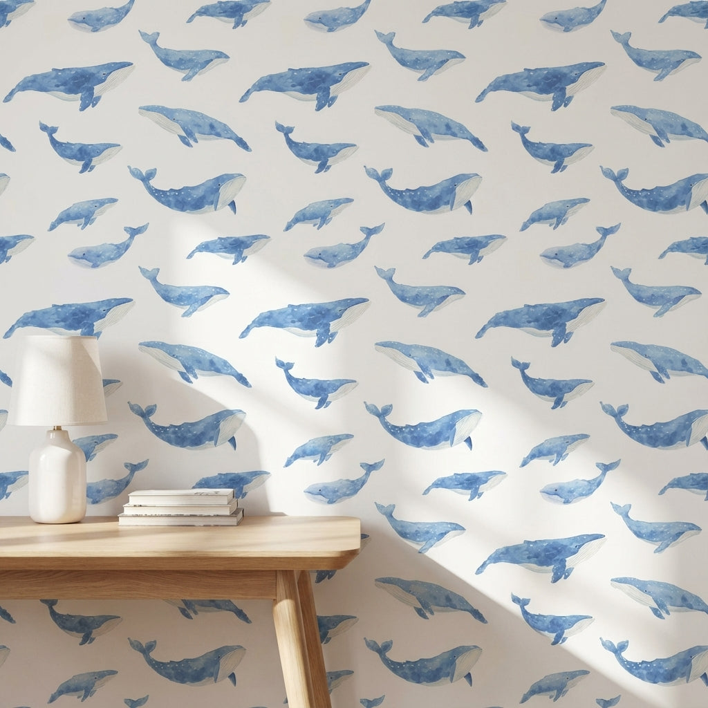 Blue Watercolor Whale Pattern Wallpaper