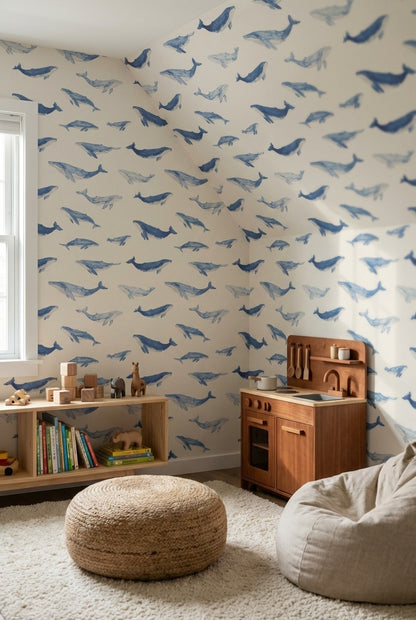 Cream and Blue Whale Watercolor Wallpaper