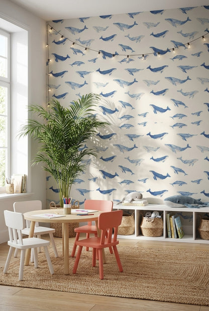 Cream and Blue Whale Watercolor Wallpaper