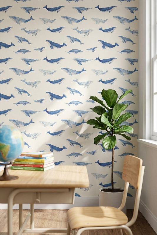 Cream and Blue Whale Watercolor Wallpaper