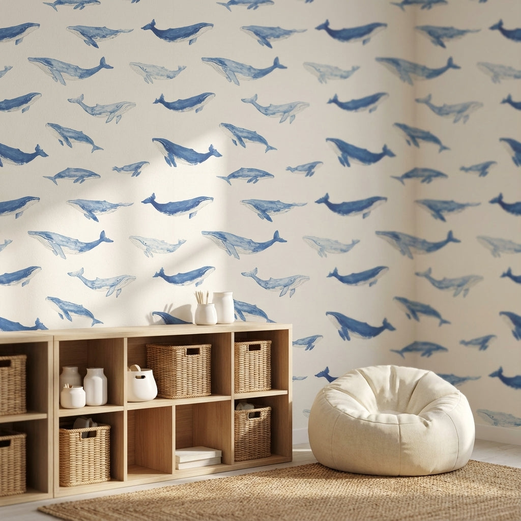 Cream and Blue Whale Watercolor Wallpaper