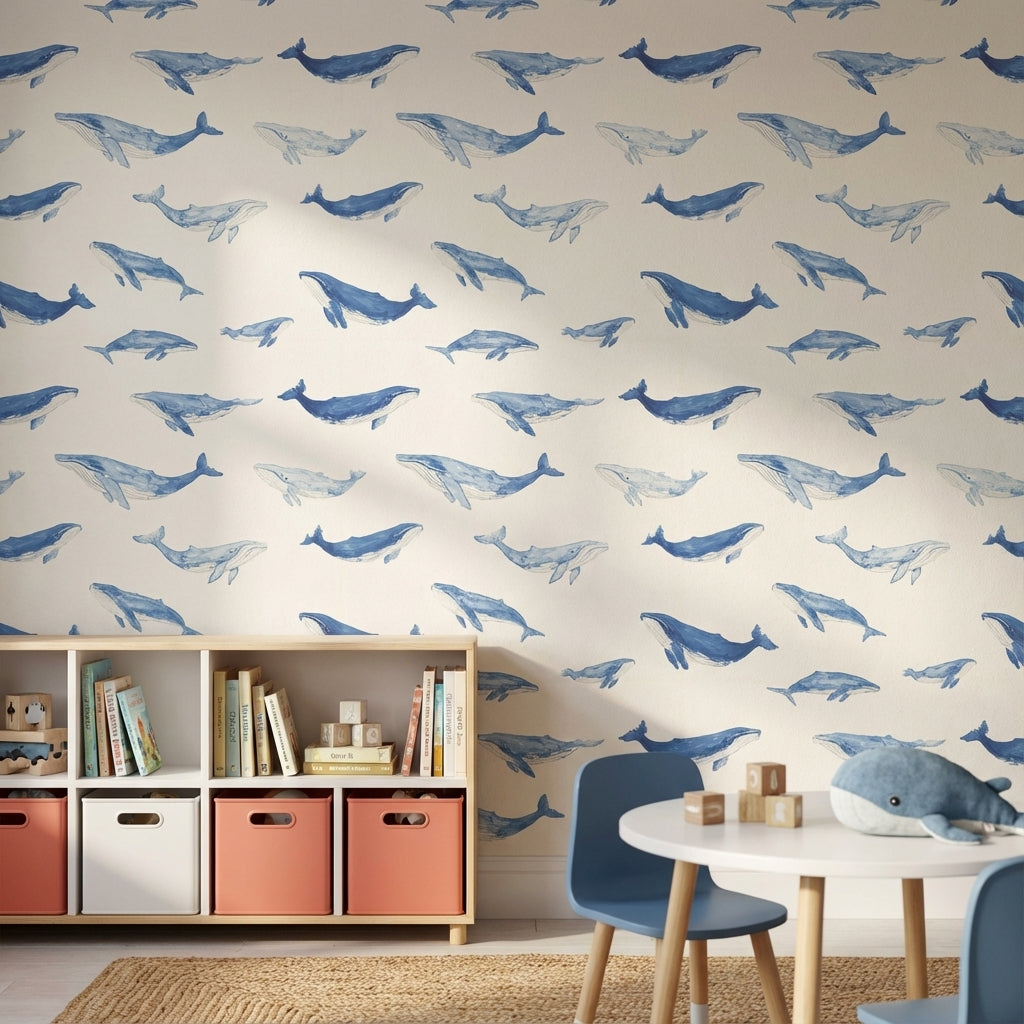 Cream and Blue Whale Watercolor Wallpaper