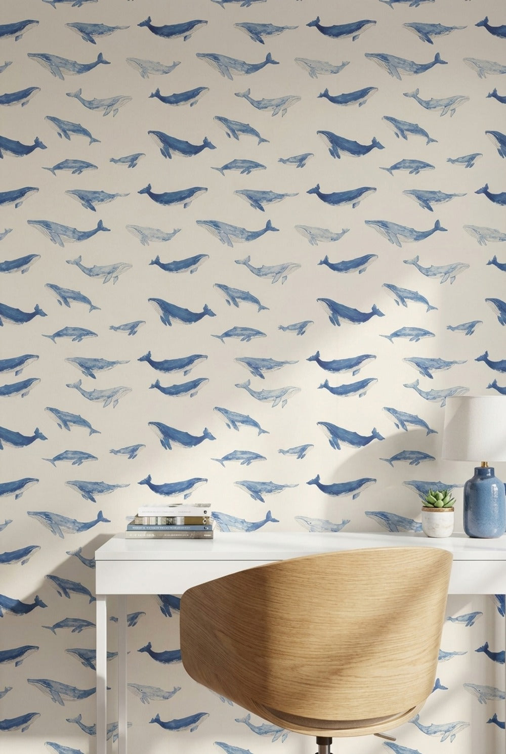 Cream and Blue Whale Watercolor Wallpaper