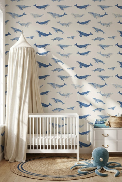 Cream and Blue Whale Watercolor Wallpaper