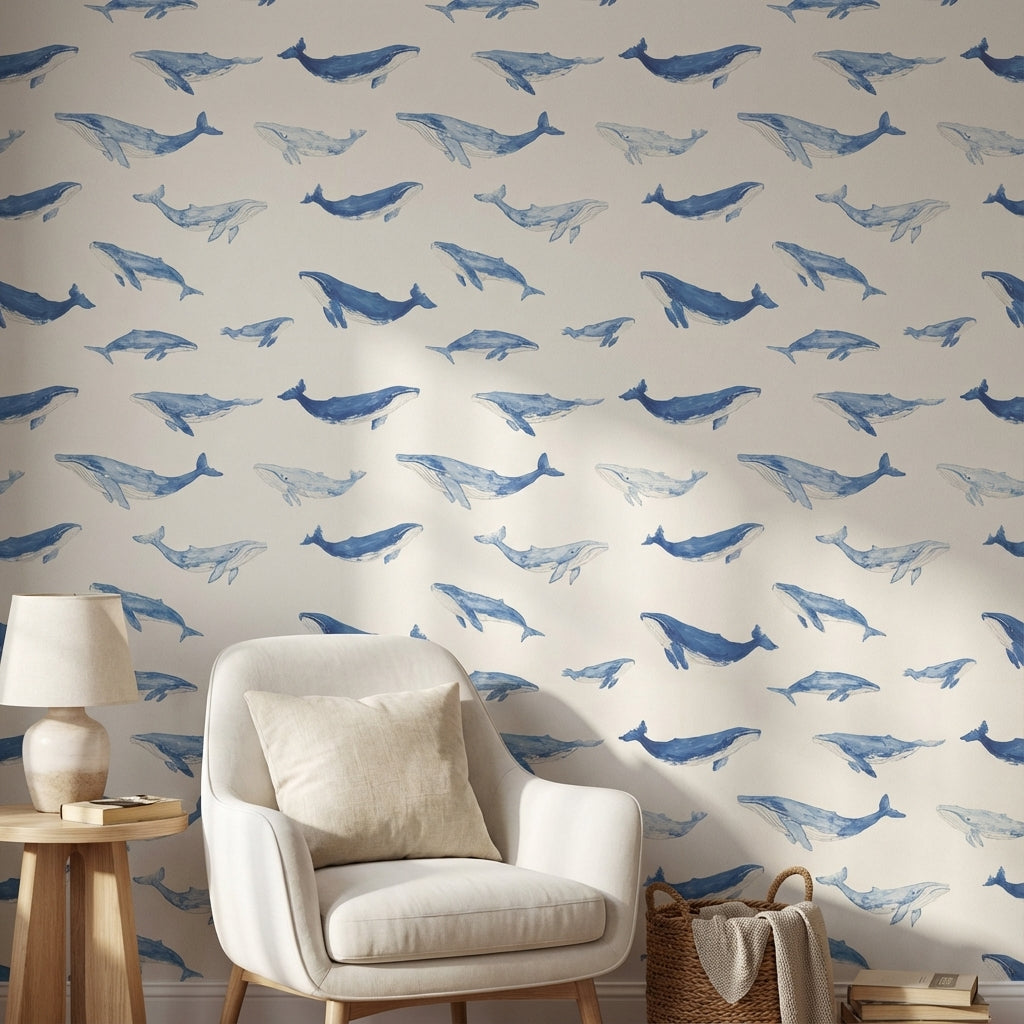 Cream and Blue Whale Watercolor Wallpaper