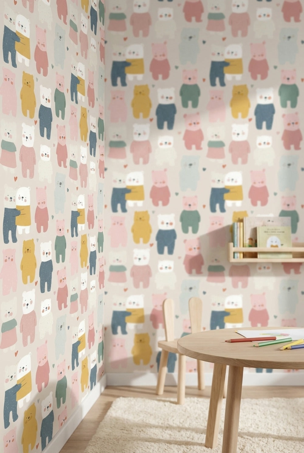 Cream Multicolor Playful Bear Kids Wallpaper