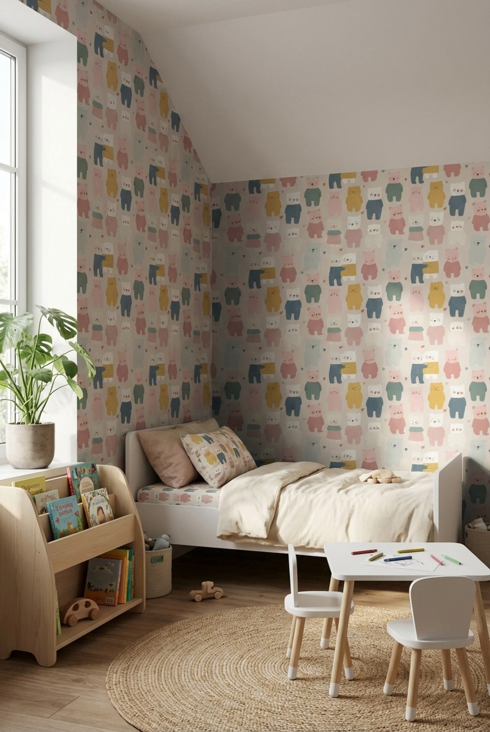 Cream Multicolor Playful Bear Kids Wallpaper