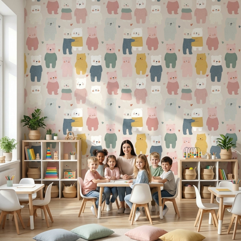 Cream Multicolor Playful Bear Kids Wallpaper