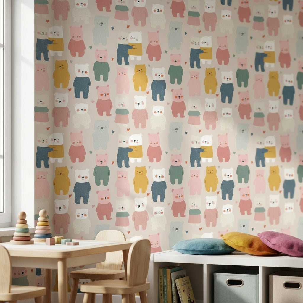 Cream Multicolor Playful Bear Kids Wallpaper
