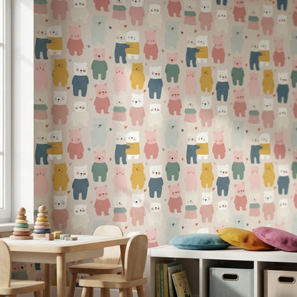 Cream Multicolor Playful Bear Kids Wallpaper