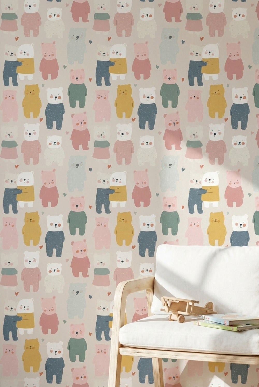 Cream Multicolor Playful Bear Kids Wallpaper