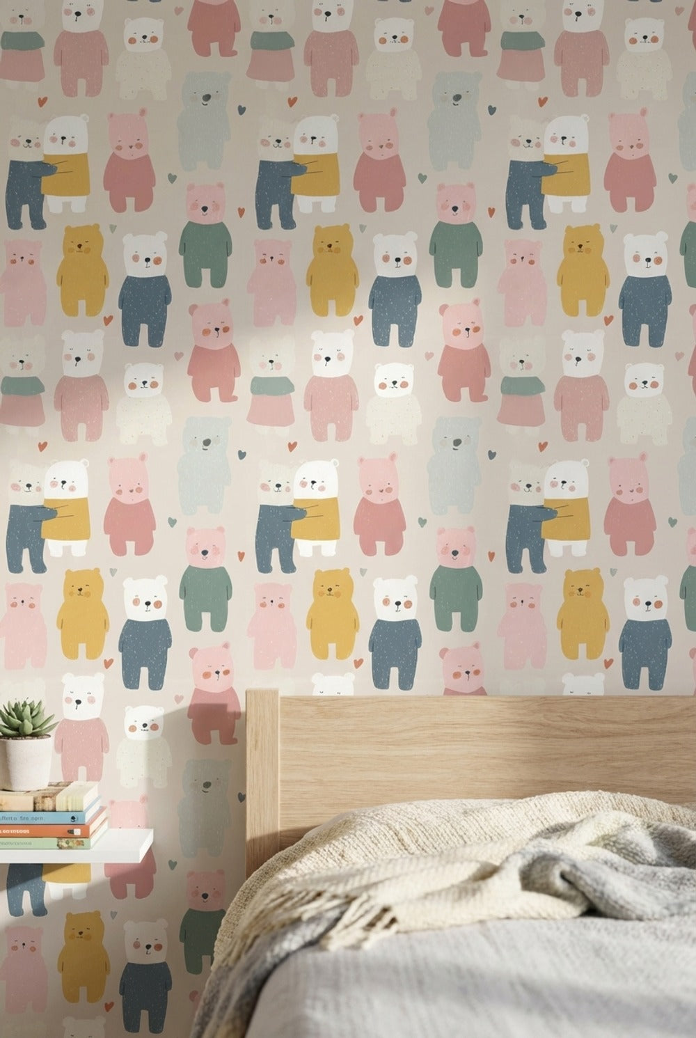 Cream Multicolor Playful Bear Kids Wallpaper