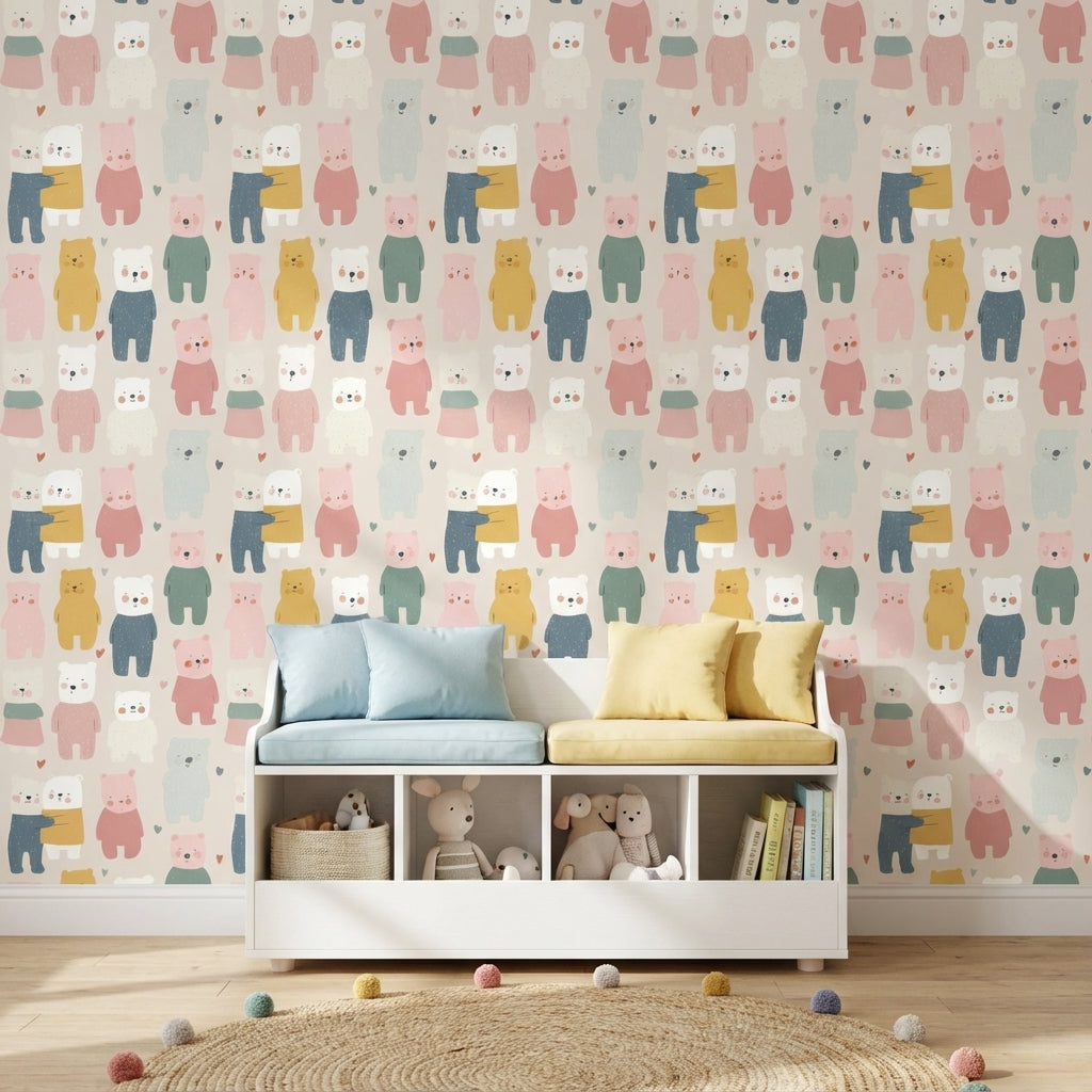 Cream Multicolor Playful Bear Kids Wallpaper