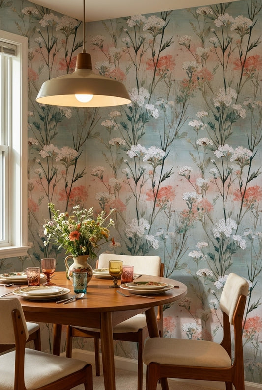 Soft Blue and Pink Wildflower Wallpaper