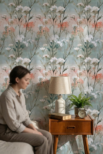 Soft Blue and Pink Wildflower Wallpaper