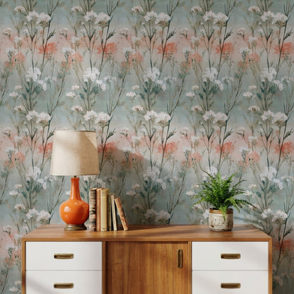 Soft Blue and Pink Wildflower Wallpaper