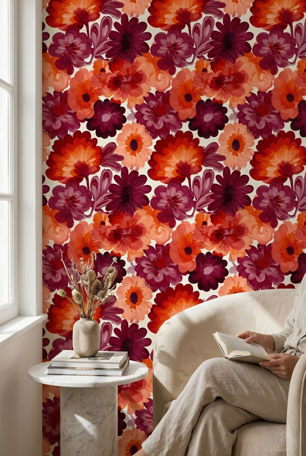 Bold Orange and Burgundy Floral Pattern Wallpaper