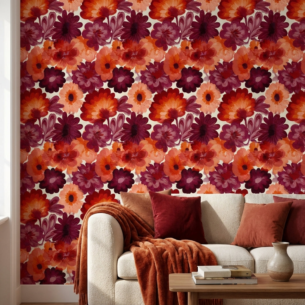 Bold Orange and Burgundy Floral Pattern Wallpaper