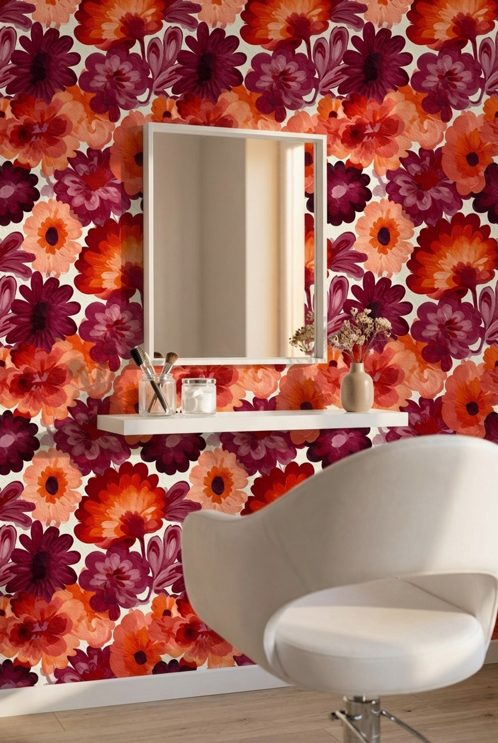 Bold Orange and Burgundy Floral Pattern Wallpaper
