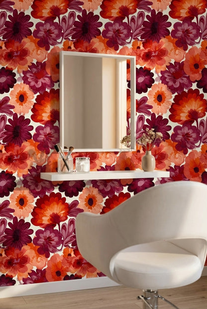 Bold Orange and Burgundy Floral Pattern Wallpaper
