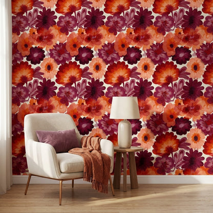 Bold Orange and Burgundy Floral Pattern Wallpaper