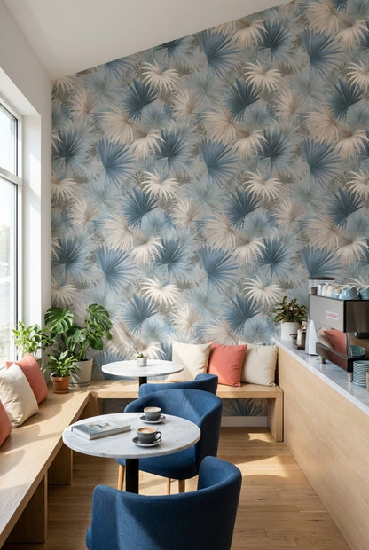 Soft Blue and Cream Palm Leaf Botanical Wallpaper