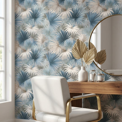Soft Blue and Cream Palm Leaf Botanical Wallpaper