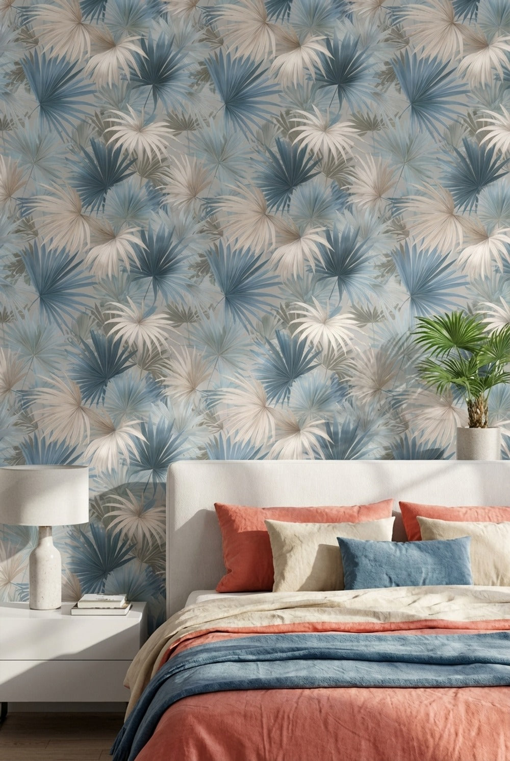 Soft Blue and Cream Palm Leaf Botanical Wallpaper