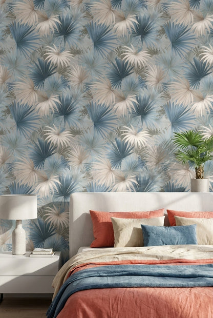 Soft Blue and Cream Palm Leaf Botanical Wallpaper