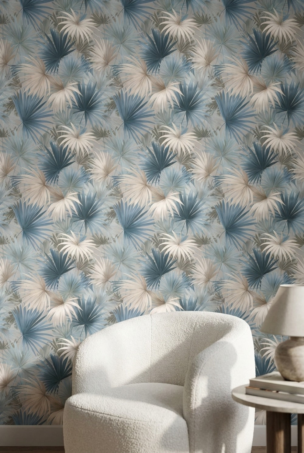 Soft Blue and Cream Palm Leaf Botanical Wallpaper