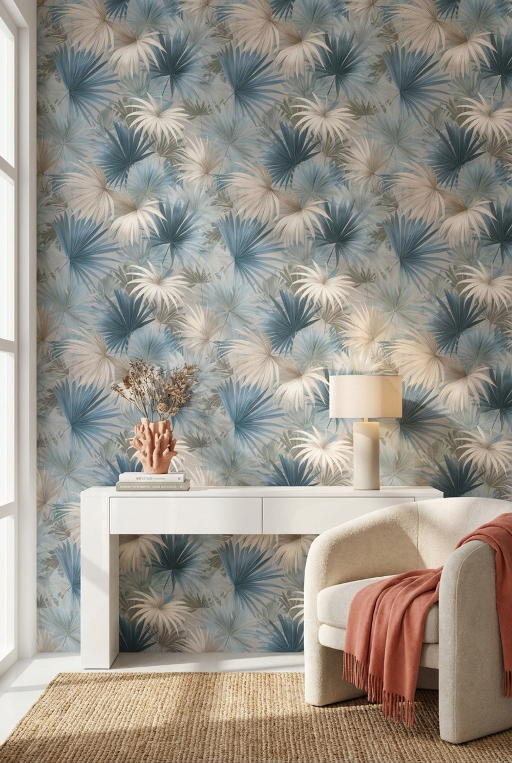 Soft Blue and Cream Palm Leaf Botanical Wallpaper