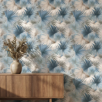 Soft Blue and Cream Palm Leaf Botanical Wallpaper