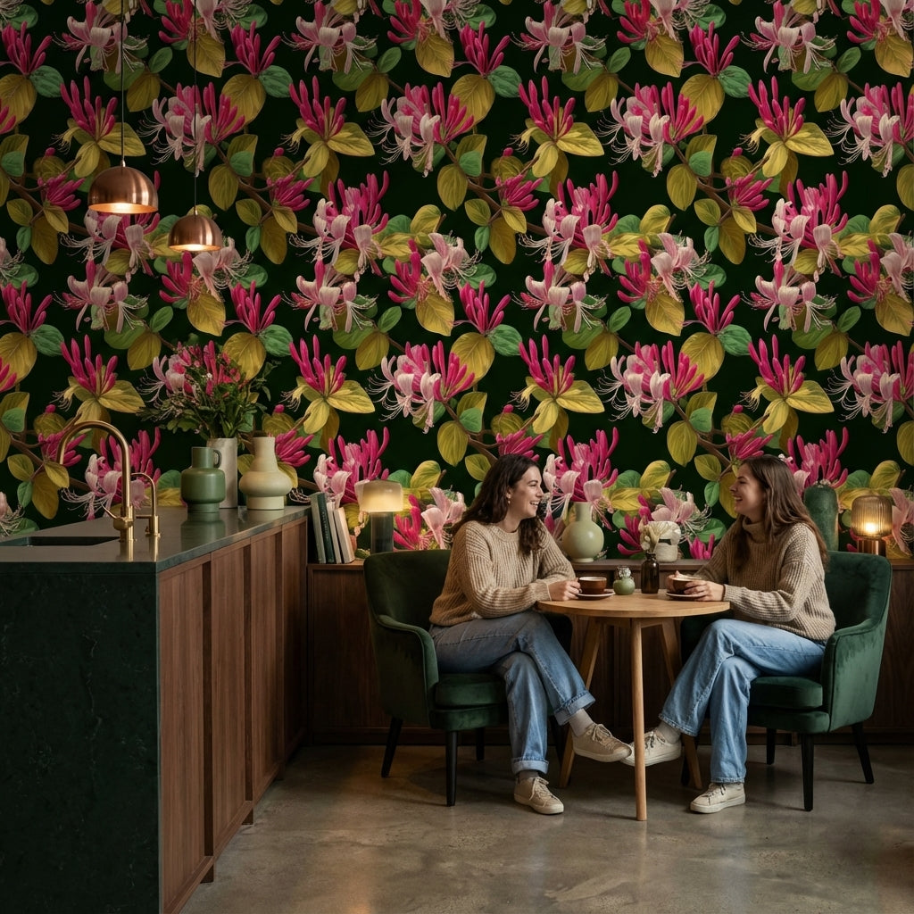 Deep Green Tropical Floral Pattern Wallpaper